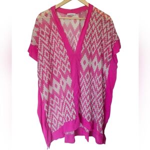 New York & Company Pink White Boho Geometric Print Sheer Handkerchief Top, XL